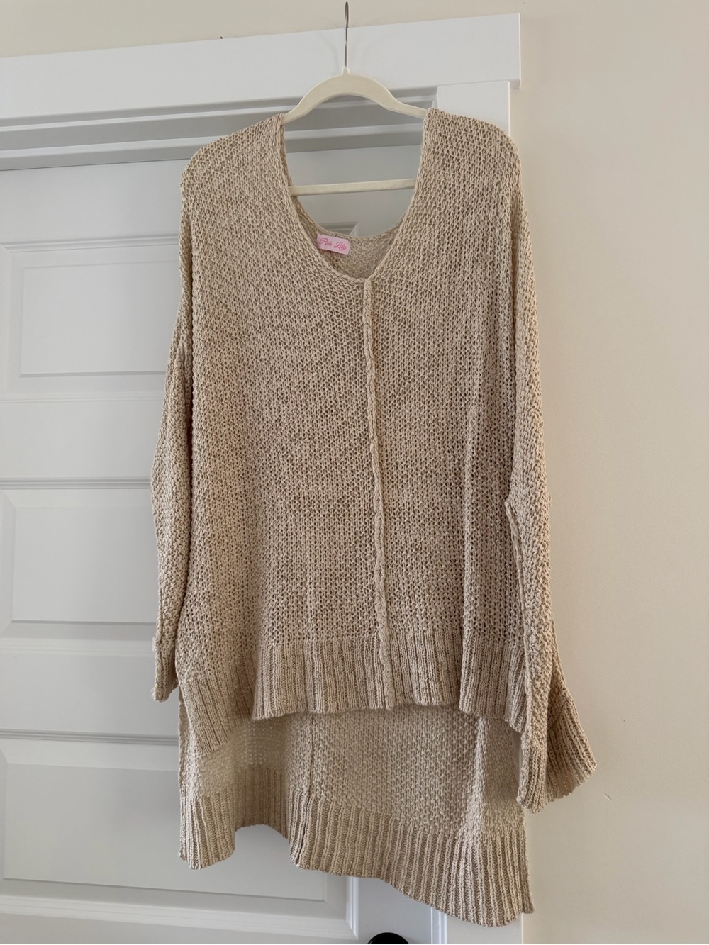 Pink Lily Neutral Beige V-Neck Oversized Knit Sweater